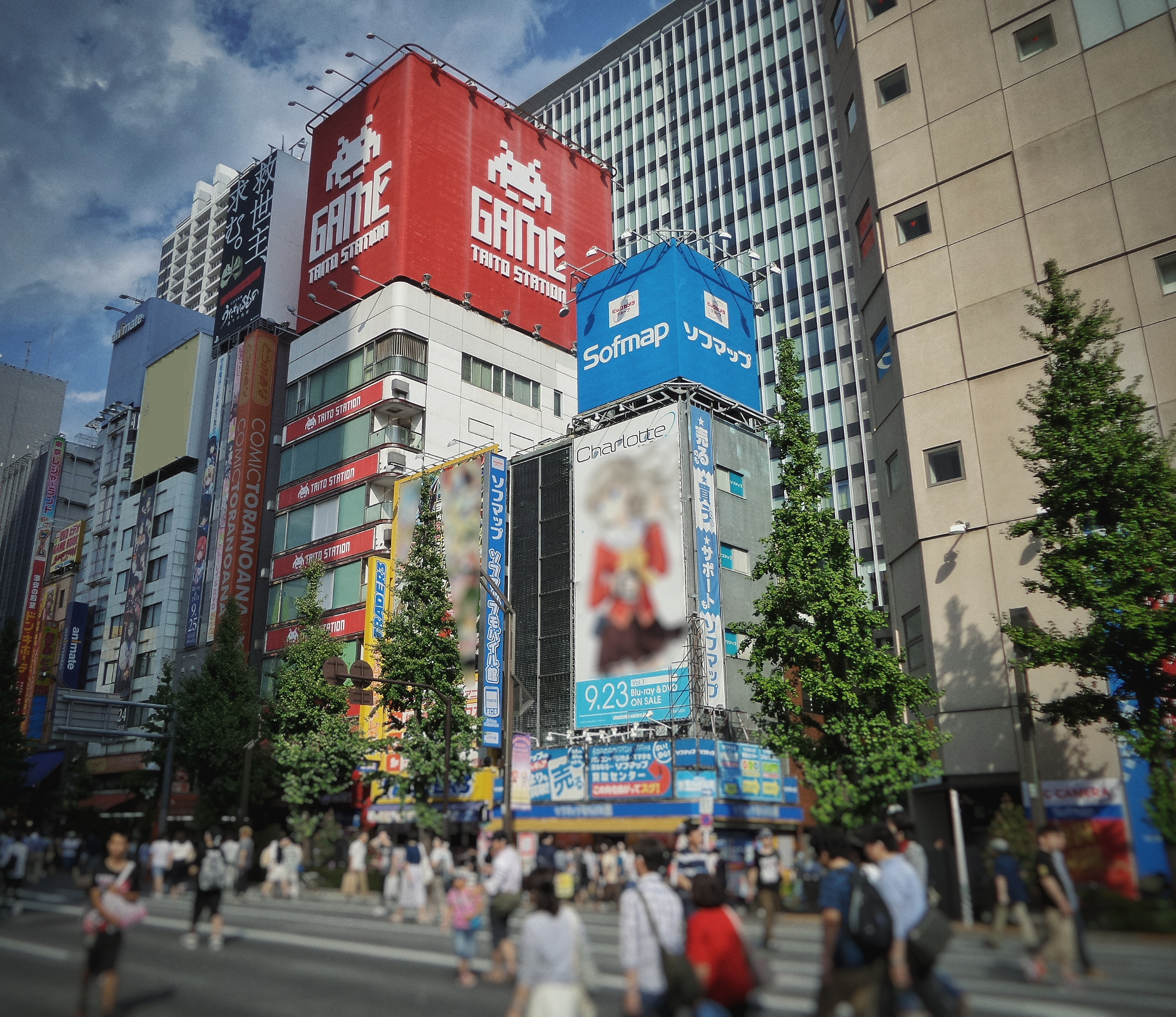 Akihabara street scene with colourful anime and manga storefronts and neon signs in Tokyo Japan