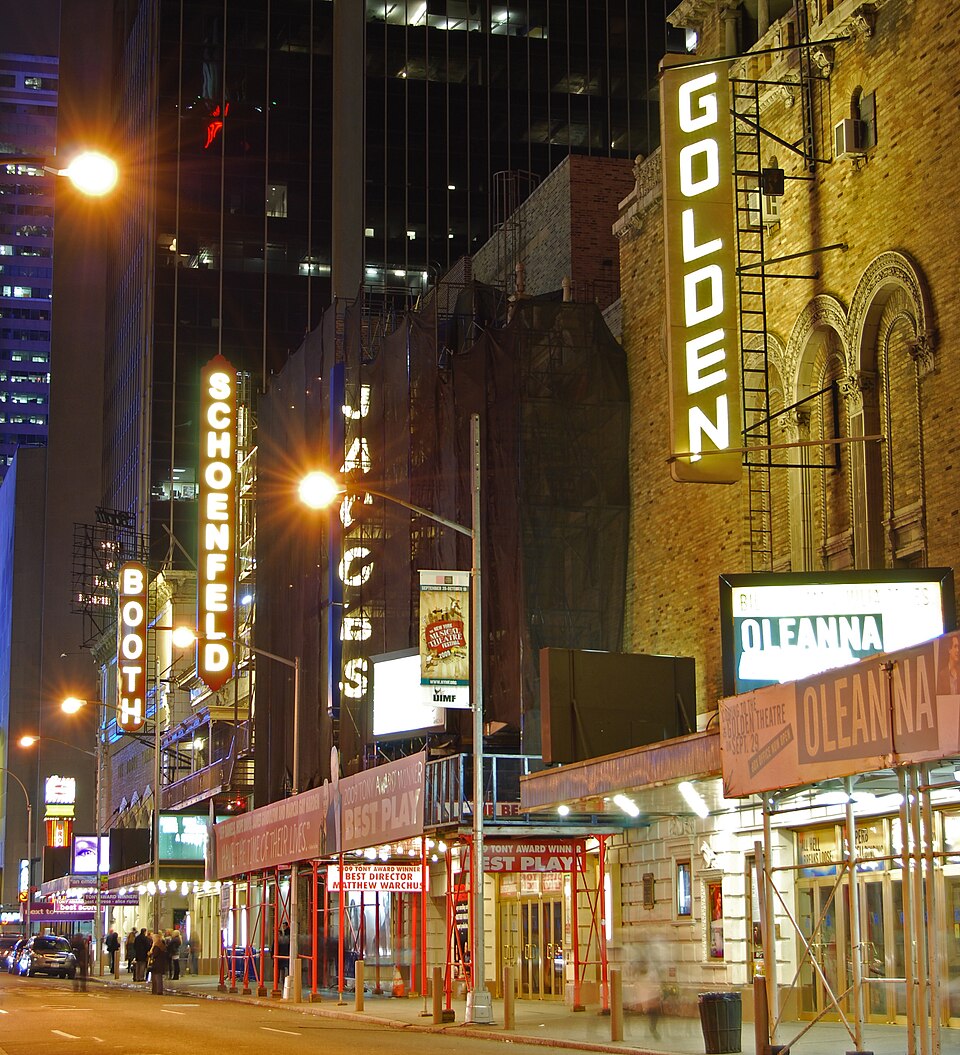 Broadway theater marquees lit up at night on 45th Street in New York City