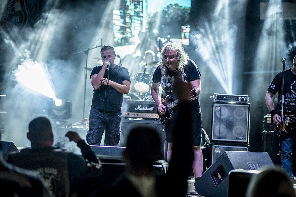 Live outdoor concert with vibrant lights and energetic crowd