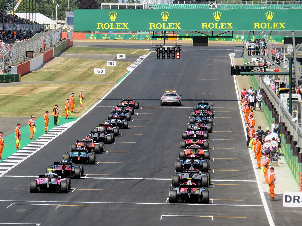 Formula 2 cars racing at Silverstone Circuit