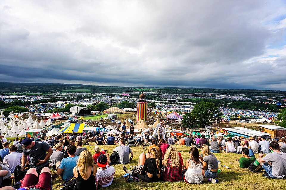 Huge crowd gathered on the Glastonbury festival hill in June 2016, stretching as far as the eye can see