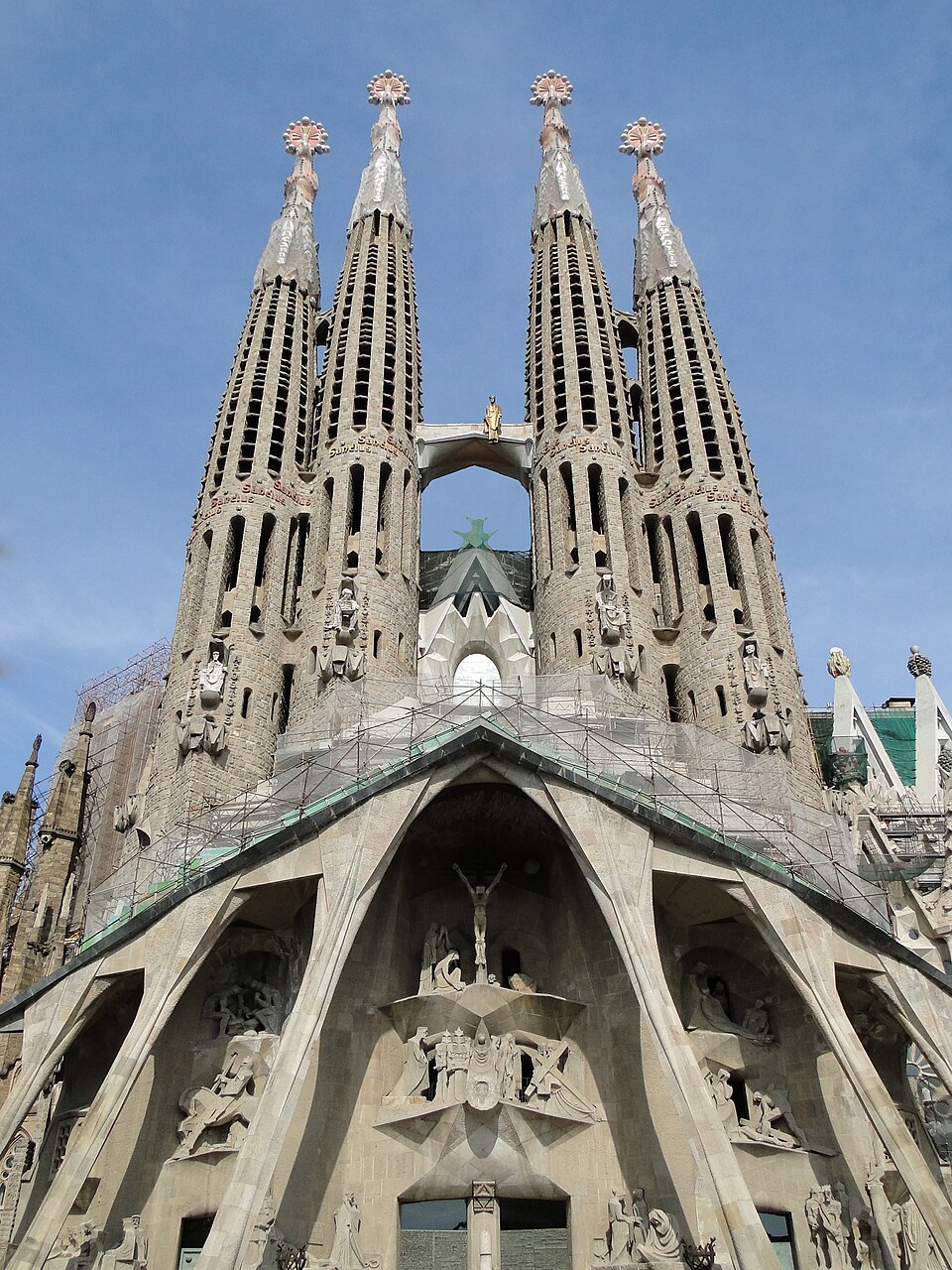 Sagrada Família exterior in Barcelona — the towering spires of Gaudí's masterpiece against the sky