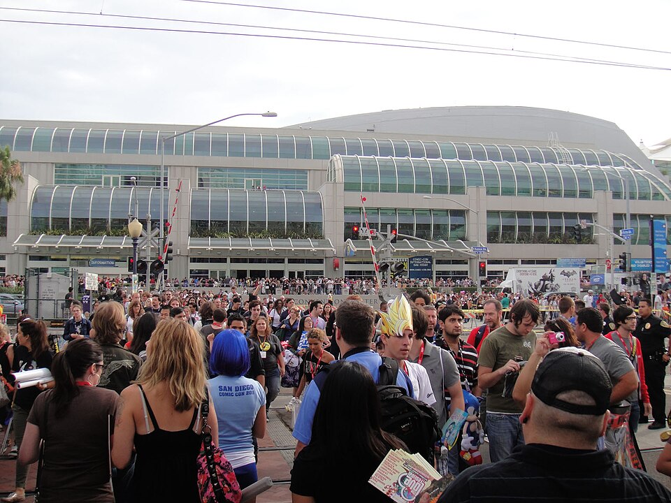 Crowds of fans exiting the San Diego Convention Center during Comic-Con