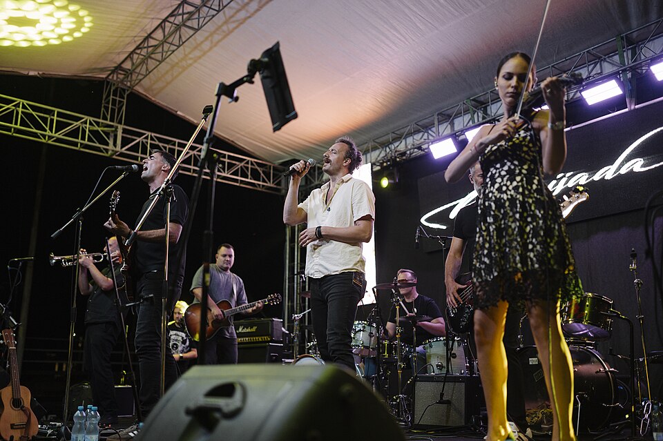 Musicians performing at summer festival with energetic crowd