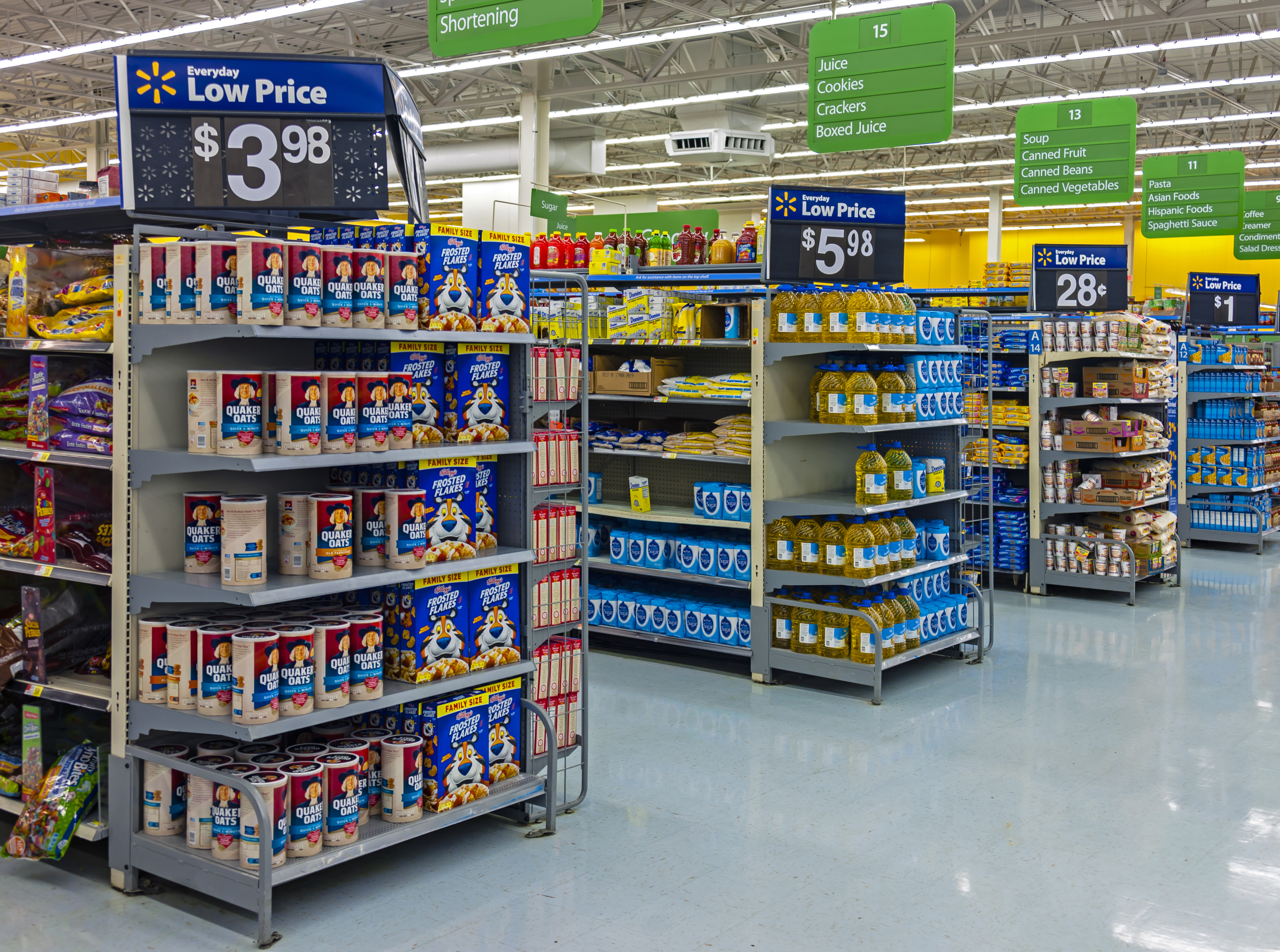 Product displays and endcap shelves inside a Walmart store